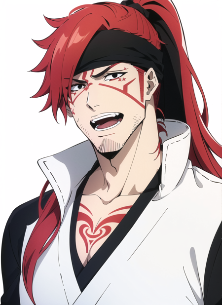 3978521091-3690578509-bleach style, 1boy, collarbone, facial tattoo, headband, high ponytail, long hair, looking at viewer, male focus, open mouth, re.png